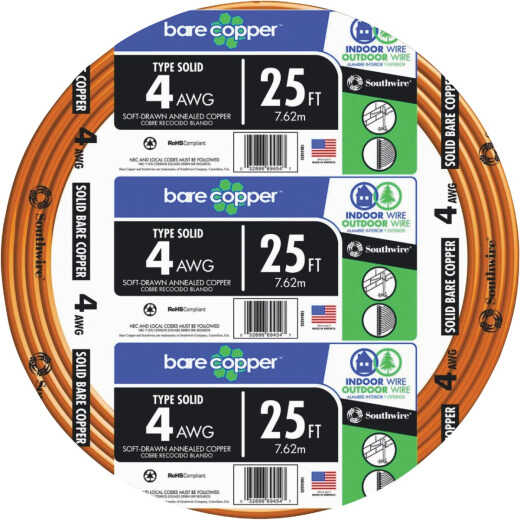 Southwire 25 Ft. 4AWG Solid Bare Ground Electrical Wire